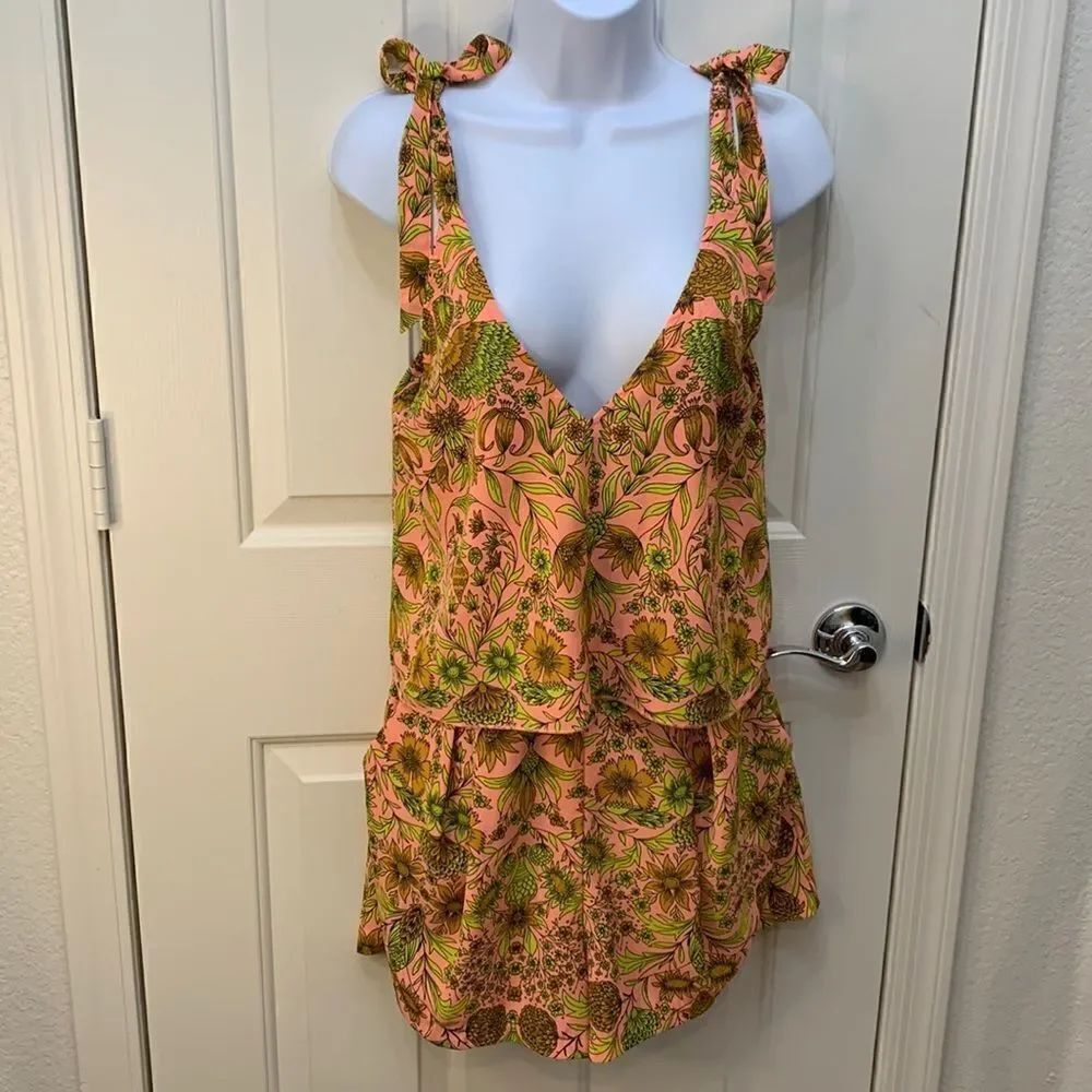 H&M Size 8 Short Romper Orange Green Summer Floral Button Back Zippered Short